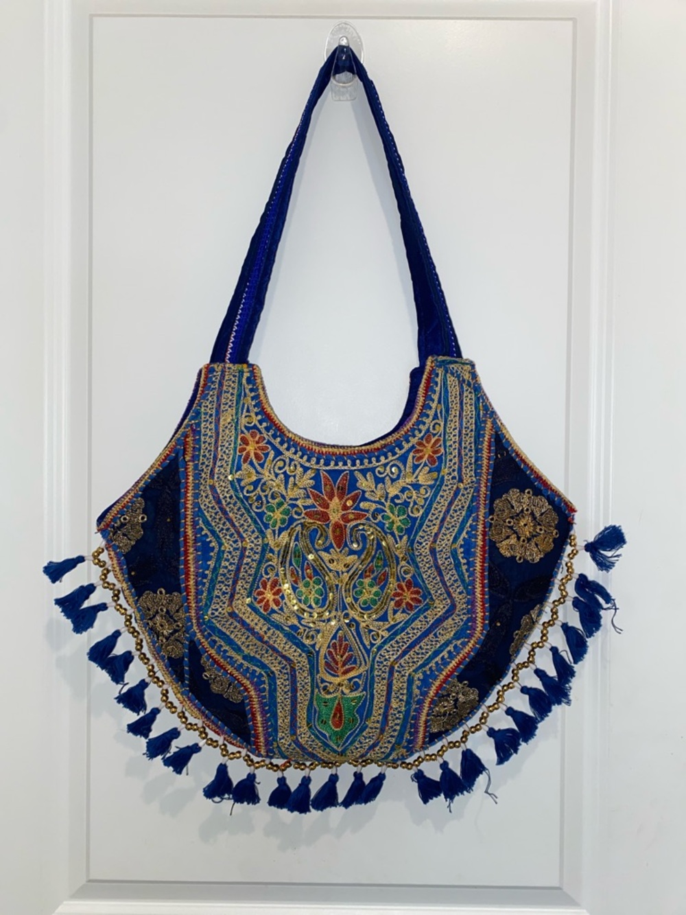 Embroidered Boho Tassel Shoulder Bag - Blue